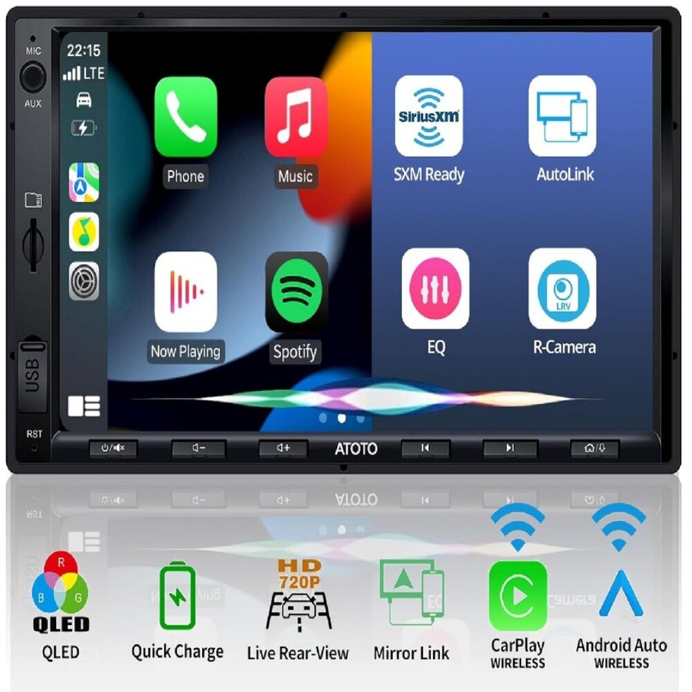 NIB. Double Din Car Stereo/Wireless CarPlay & Android Auto, 7" QLED Screen